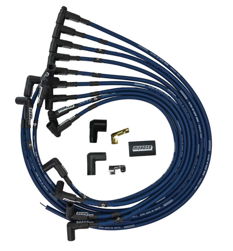 Moroso Chevrolet Small Block Ignition Wire Set - Ultra 40 - Unsleeved - HEI - Under Header - Blue Spark Plug Wire Sets Moroso