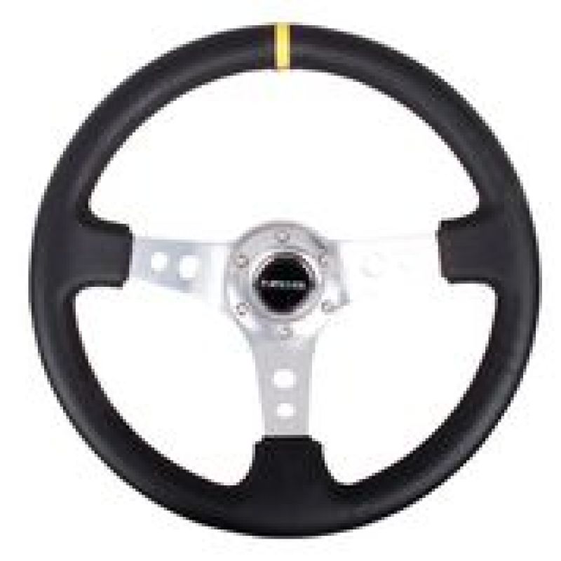 NRG Reinforced Steering Wheel (350mm / 3in. Deep) Blk Leather w/Circle Cut Spokes & Single Yellow CM Steering Wheels NRG
