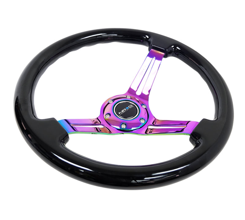 NRG Reinforced Steering Wheel (350mm / 3in. Deep) Blk Wood w/Blk Matte Spoke/Neochrome Center Mark Steering Wheels NRG