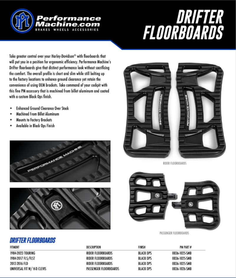 Performance Machine Floorboard Assembly Rider Drifter - Black Ops Footpegs Performance Machine