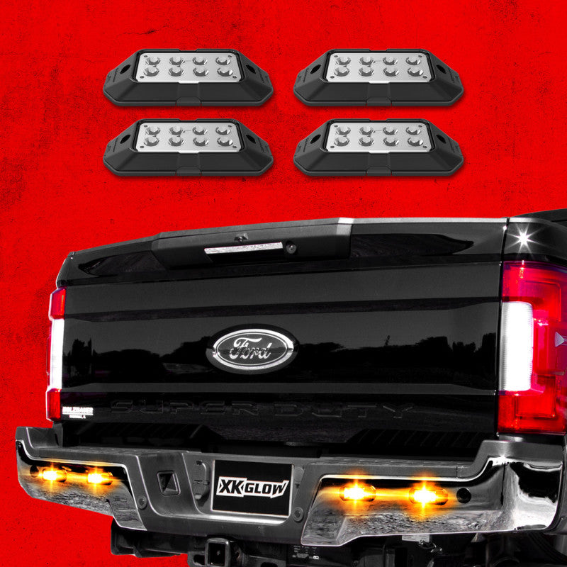 XK Glow Strobe Pod Lights w/ Traffic Modes Ultra Bright LEDs Multiple Modes + Solid On - Amber 4pc Light Bars & Cubes XKGLOW