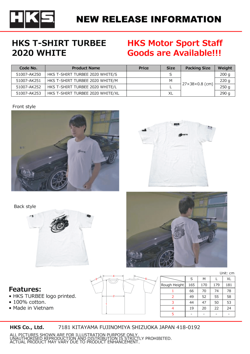 HKS T-SHIRT TURBEE 2020 WHITE S Shirts HKS