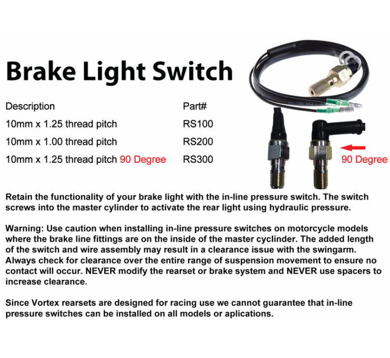 Vortex Racing Rearsets Replacement Brake Light Press Switch M10 x 1.00 Brake Line Kits Vortex Racing