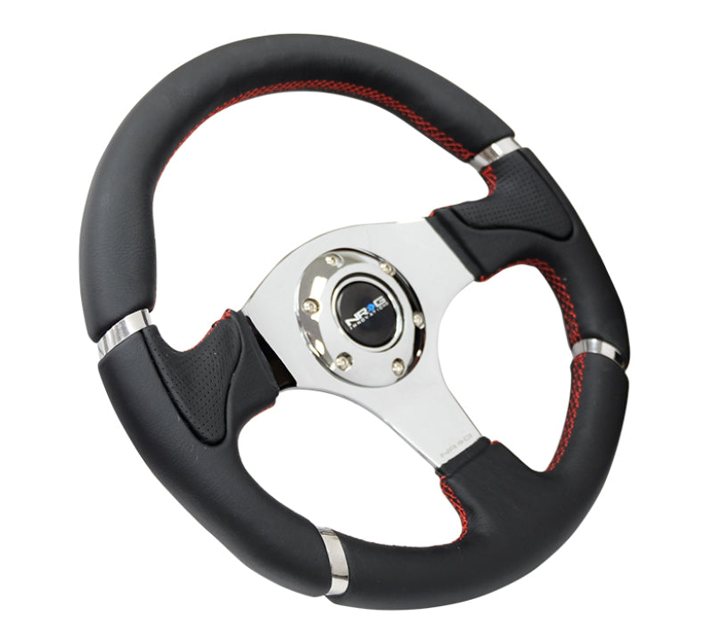 NRG Reinforced Steering Wheel (320mm) Blk Leather/Red Stitching w/Chrome 3-Spoke Center Steering Wheels NRG