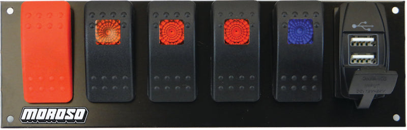 Moroso Rocker Switch Panel - Flat Surface Mount - LED w/USB - 2.488in x 7.85in -Five On/Off Switches Switch Panels Moroso