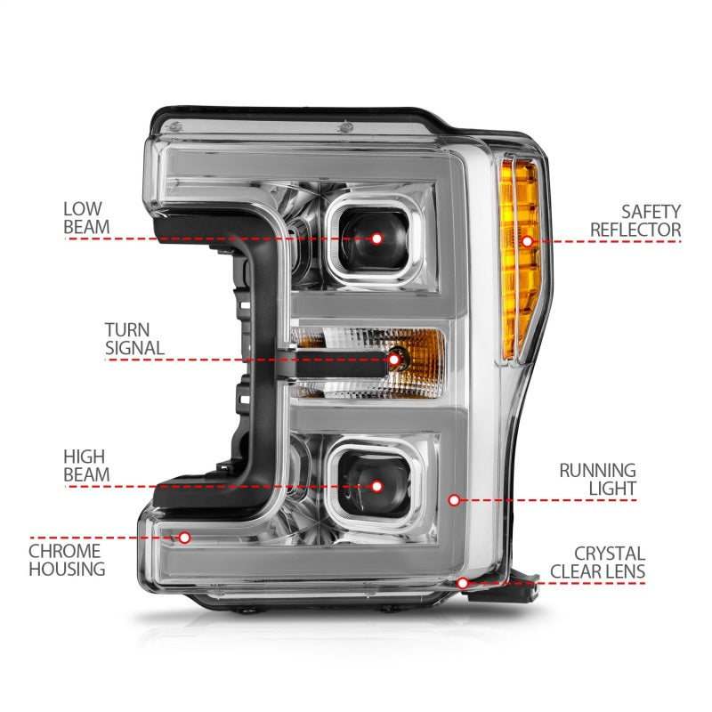 ANZO 17-19 Ford F-250/350/450 SD (w/o Factory LED HL) LED Proj Headlights w/Light Bar Switchback Chr Headlights ANZO