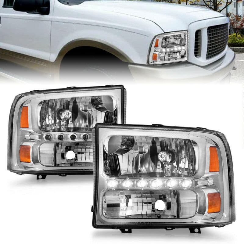 ANZO 2000-2004 Ford Excursion Crystal Headlights Chrome w/ LED 1pc Headlights ANZO