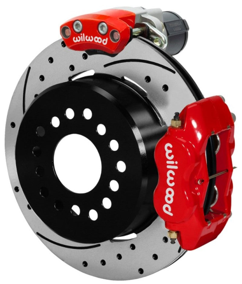 Wilwood Forged Dynalite Rear Electronic Parking Brake Kit - Red Powder Coat Caliper - D/S Rotor Brake Calipers - Perf Wilwood