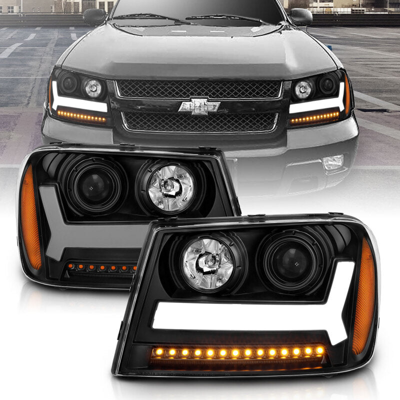 ANZO 2006-2009 Chevrolet Trailblazer Projector Headlights w/ Plank Style Design Black w/ Amber Headlights ANZO