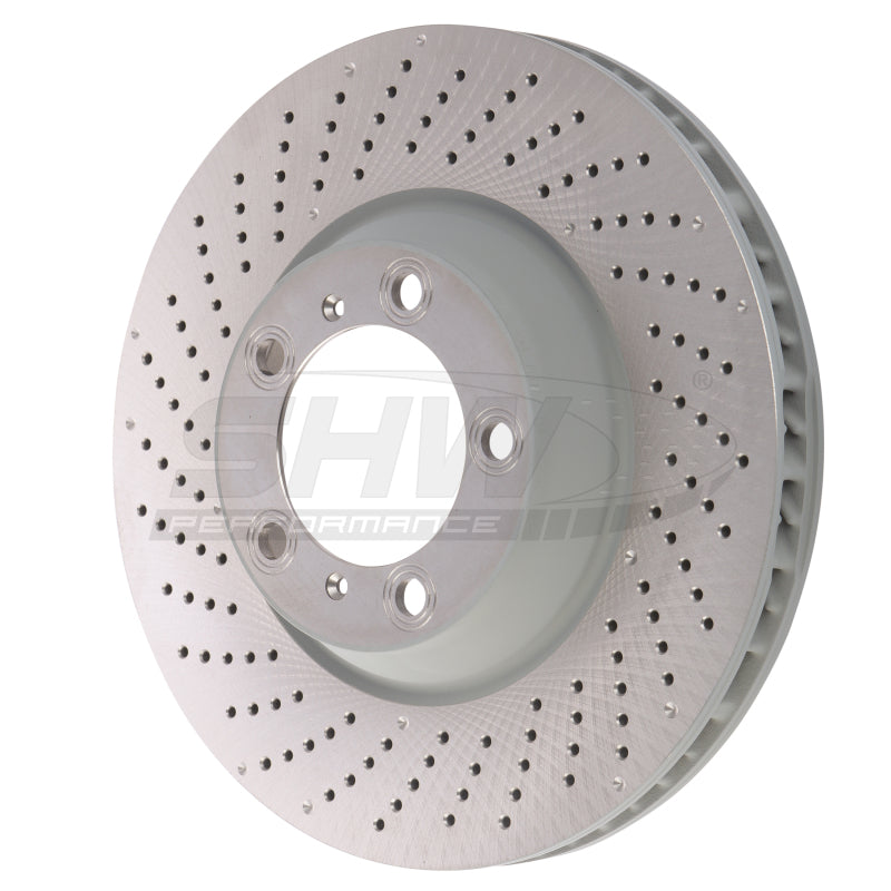 SHW 09-13 Porsche 911 Turbo w/Center Lock w/o Ceramics Left Frt Drill-Dimp MB Rotor (99735140502) Brake Rotors - Drilled SHW Performance