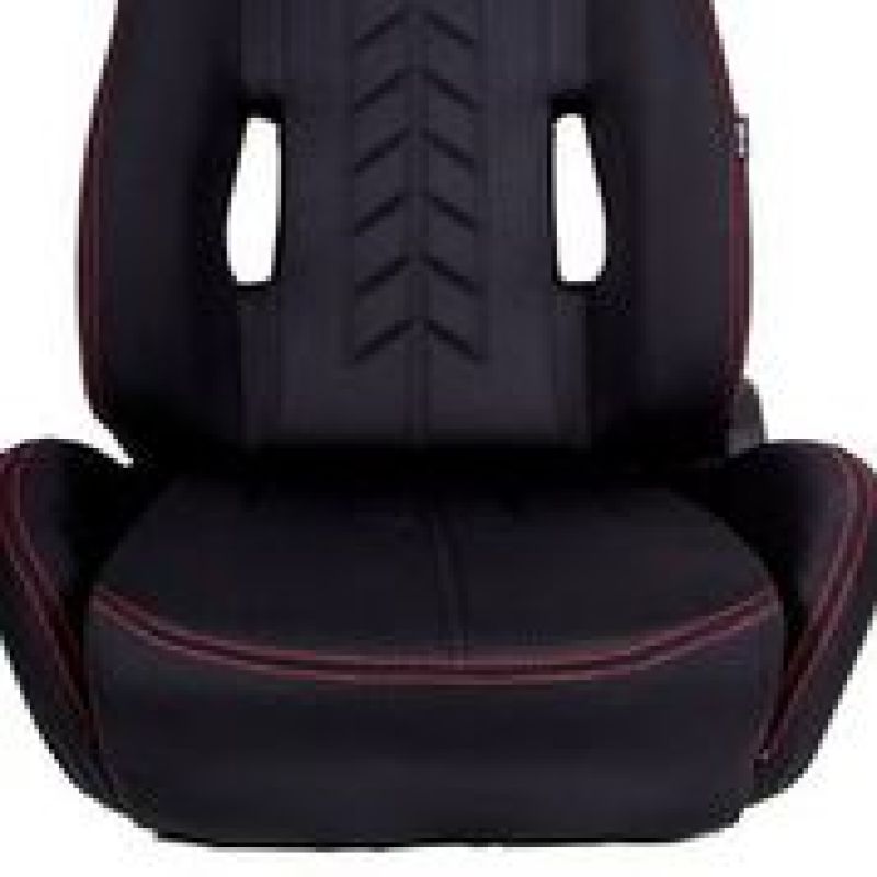 NRG Sport Seats (Pair) Cloth w/NRG Logo & NRG Arrow Cushion Imprint - Black w/Red Stitch Reclineable Seats NRG