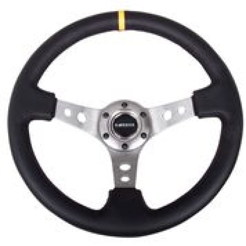 NRG Reinforced Steering Wheel (350mm / 3in. Deep) Blk Leather w/Gunmetal Cutout Spoke & Yellow CM Steering Wheels NRG