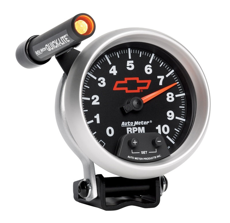 Autometer GM Red Bowtie Black 3-3/4in 0-10000 RPM Pedestal Mount Tachometer Quick-Lite Gauges AutoMeter