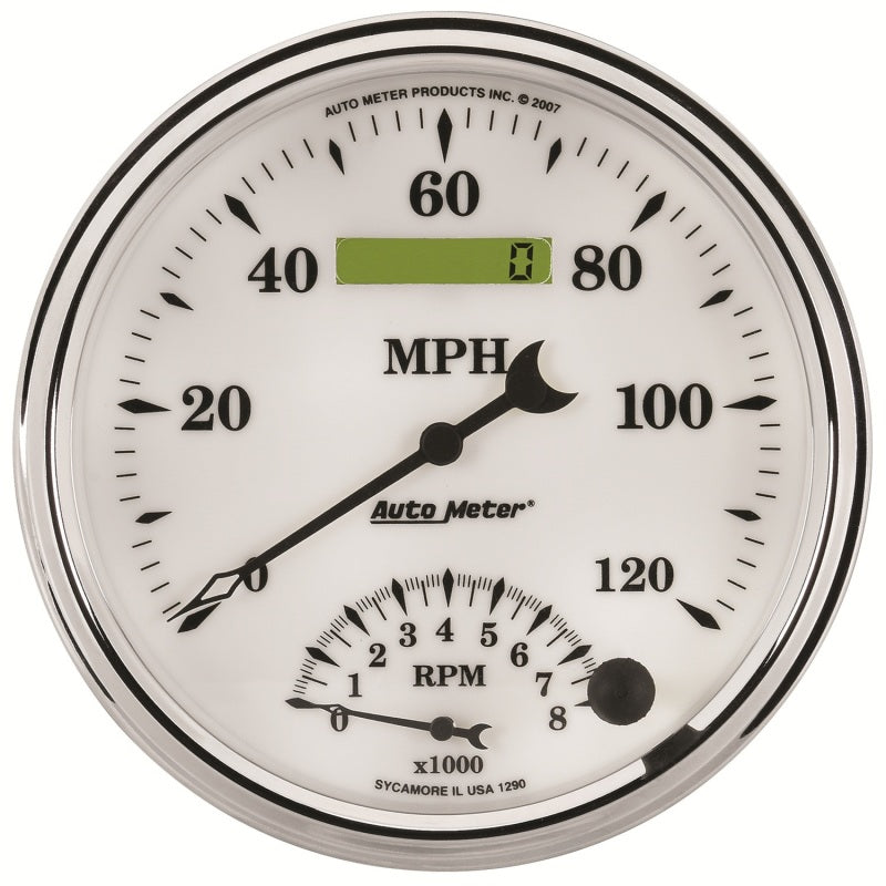 AutoMeter Gauge Tach/Speedo 5in. 120MPH & 8K RPM Elec. Program Old Tyme White II Gauges AutoMeter