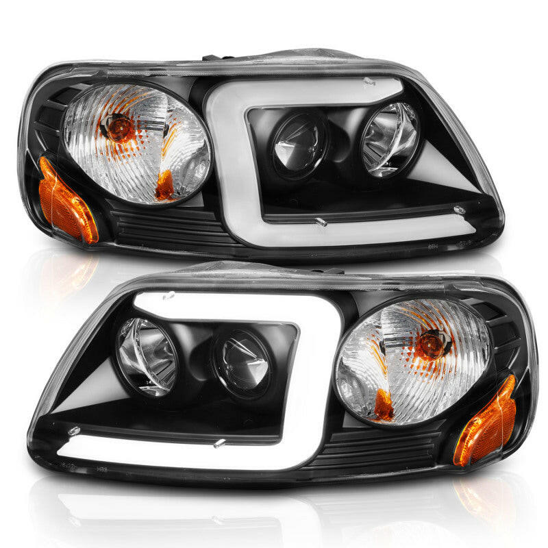 ANZO 1997-2003 Ford F-150 Projector Headlights w/ Light Bar Black Housing Headlights ANZO