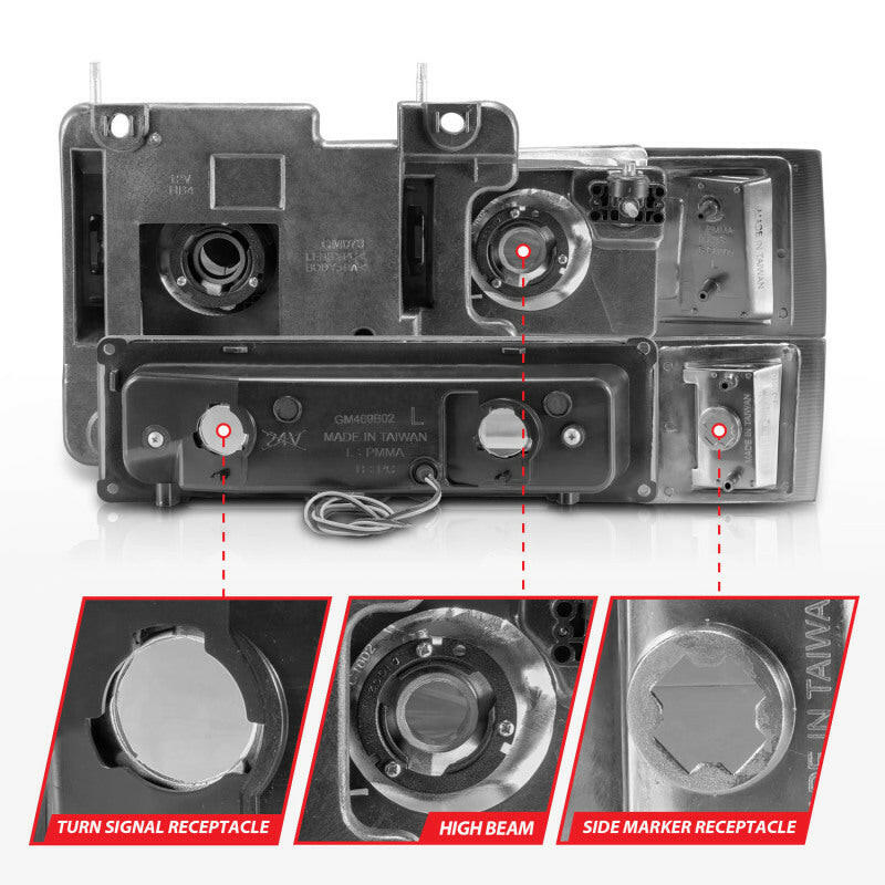 ANZO 88-98 Chevrolet C1500 Crystal Headlights w/Light Bar Chrome Housing w/ Signal Side Markers 8Pcs Headlights ANZO