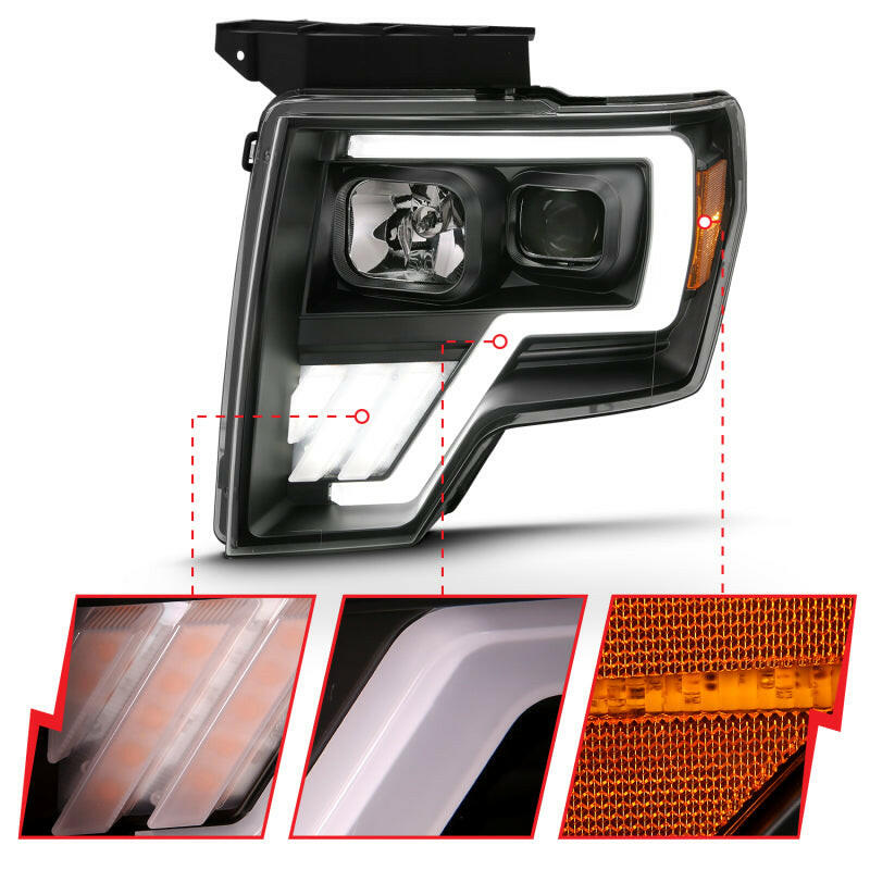 ANZO 2009-2013 Ford F-150 Projector Light Bar G4 Switchback Headlights Black Amber Headlights ANZO