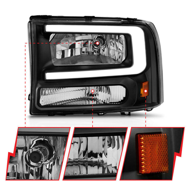 ANZO 99-04 Ford F250/F350/F450/Excursion (excl. 99) Crystal Headlights - w/ Light Bar Black Housing Headlights ANZO