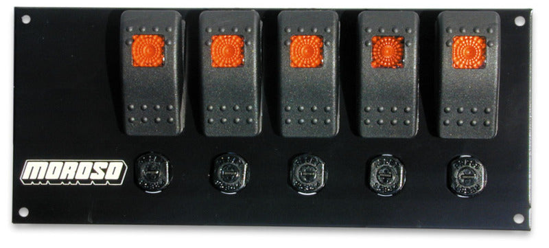 Moroso Rocker Switch Panel - Flat Surface Mount - LED - 3-3/8in x 8in - Five On/Off Switches Switch Panels Moroso