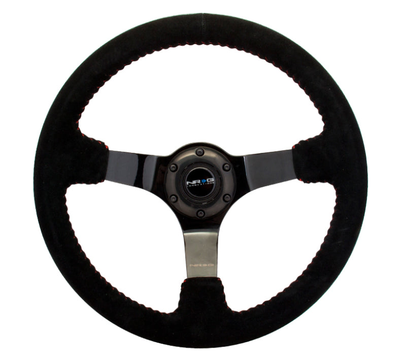 NRG Reinforced Steering Wheel (350mm / 3in. Deep) Blk Suede w/Red BBall Stitch & Black 3-Spoke Steering Wheels NRG