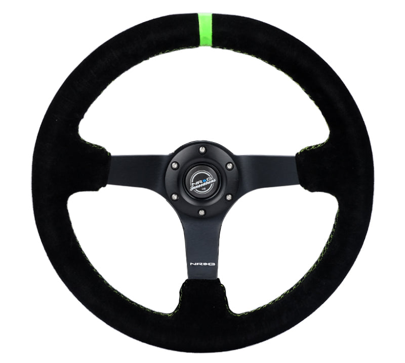 NRG Reinforced Steering Wheel 350mm/3in. Deep Blk Suede/ Neon Green Stitch w/5mm Matte Black Spoke Steering Wheels NRG