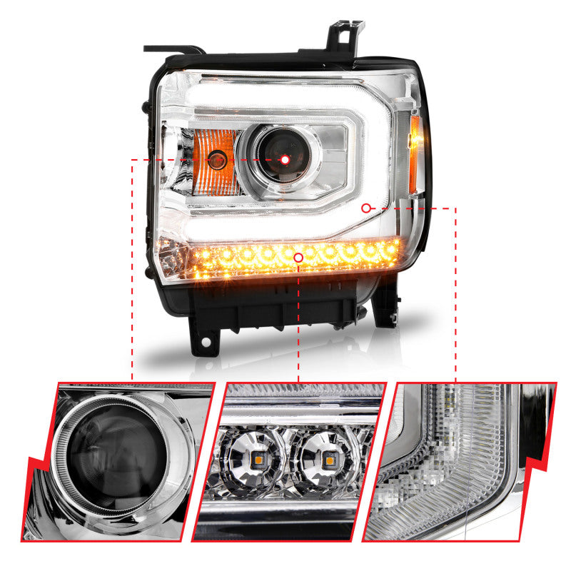 ANZO 2014-2015 GMC Sierra 1500 Projector Headlights w/ Light Bar Chrome Housing (Halogen Type) Headlights ANZO