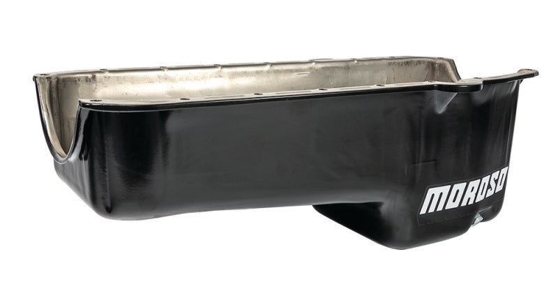 Moroso Pre-80 Chevrolet Small Block (w/Driver Side Dipstick) Wet Sump 5qt 7.5in Steel Oil Pan - Blk Oil Pans Moroso