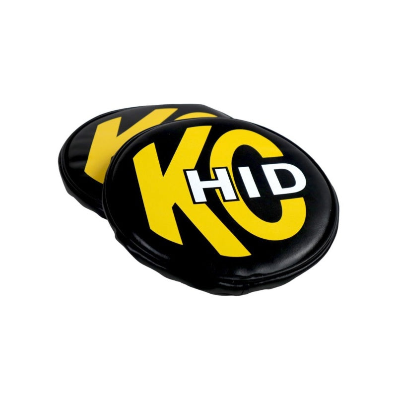 KC HiLiTES 8in. Round Soft Cover HID (Pair) - Black w/Yellow Brushed KC Logo Light Covers and Guards KC HiLiTES