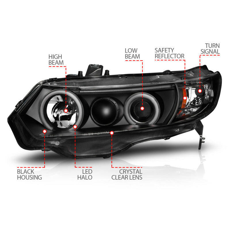 ANZO 2006-2011 Honda Civic Projector Headlights w/ Halo Black (CCFL) Headlights ANZO