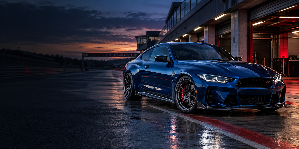 Blue performance coupe in a circuit pit lane at dusk