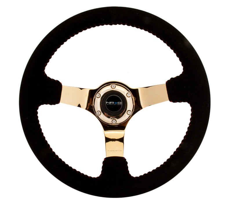 NRG Reinforced Steering Wheel (350mm / 3in. Deep) Blk Suede w/Red BBall Stitch & Chrome Gold 3-Spoke Steering Wheels NRG