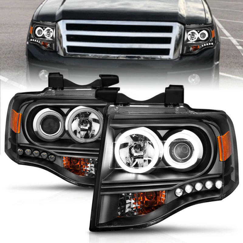 ANZO 2007-2014 Ford Expedition Projector Headlights w/ Halo Black Headlights ANZO