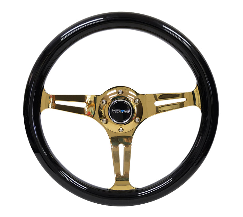 NRG Classic Wood Grain Steering Wheel (350mm) Black Grip w/Chrome Gold 3-Spoke Center Steering Wheels NRG