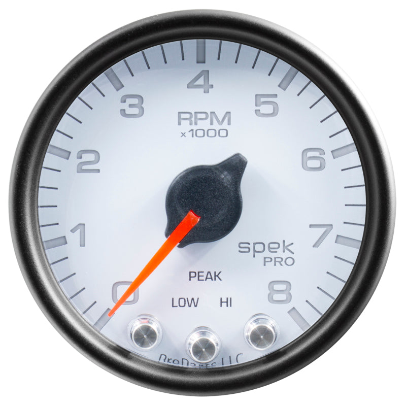 Autometer Spek-Pro Gauge Tach 2 1/16in 8K Rpm W/ Shift Light & Peak Mem Wht/Blk Gauges AutoMeter