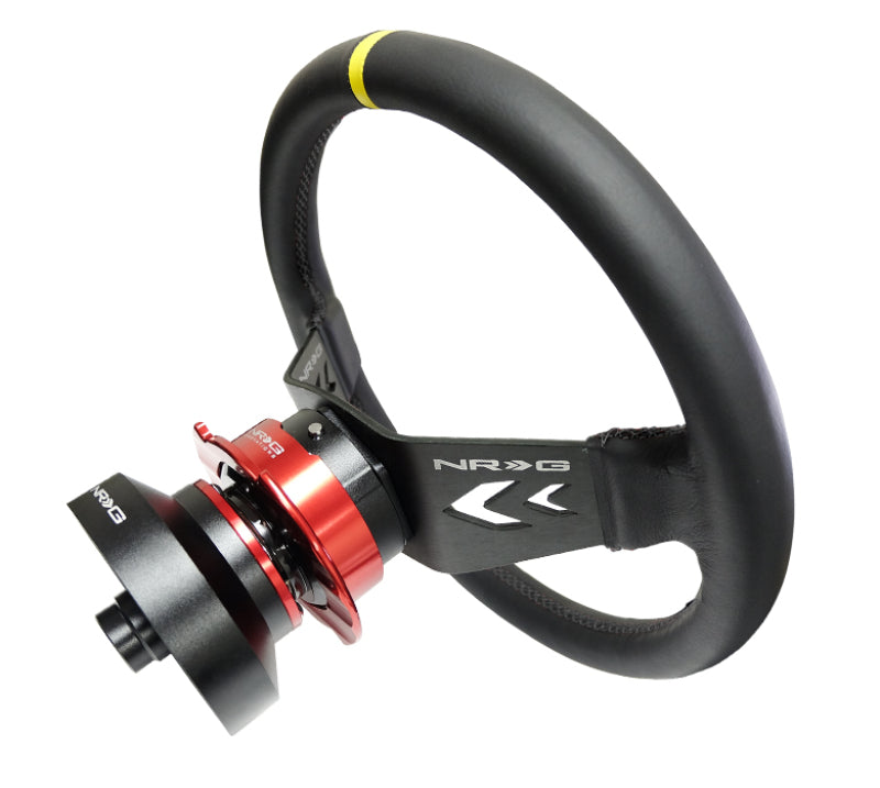 NRG Reinforced Steering Wheel (350mm / 3in Deep) Blk Leather w/NRG Arrow-Cut 2-Spoke & Sgl Yellow CM Steering Wheels NRG