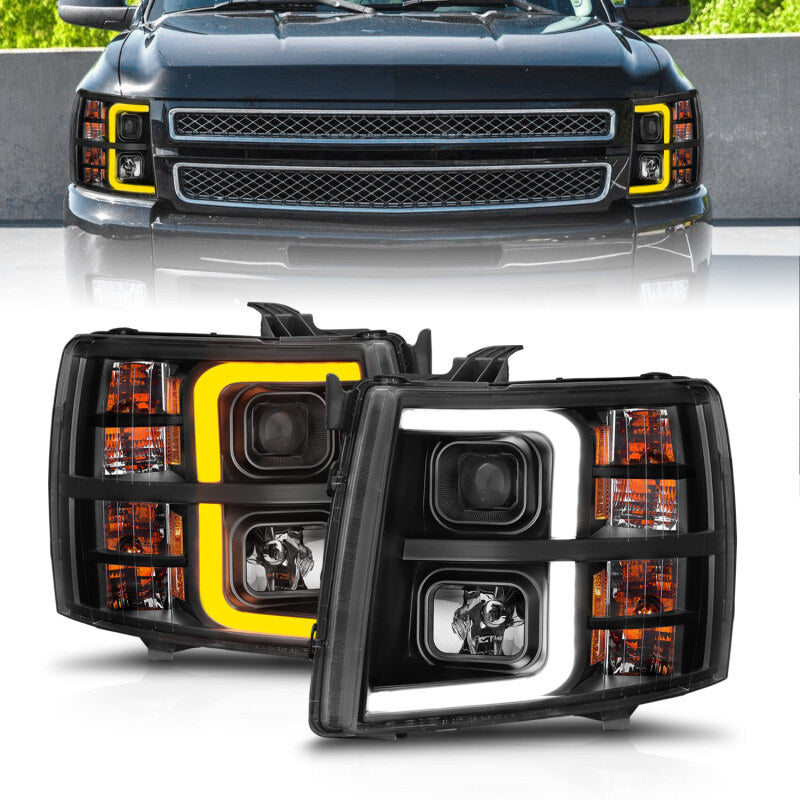 ANZO 2007-2013 Chevrolet Silverado 1500 Projector w/ Light Bar Black Housing w/ Sequential Headlights ANZO