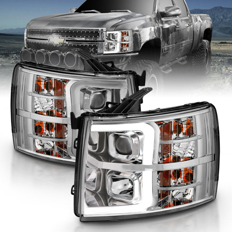 ANZO 2007-2013 Chevy Silverado 1500 Projector Plank Style Chrome Amber Headlights ANZO