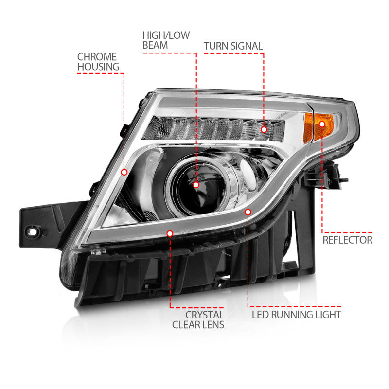 ANZO 11-15 Ford Explorer Projector Headlights w/ Light Bar Chrome Housing w/ Amber light Headlights ANZO
