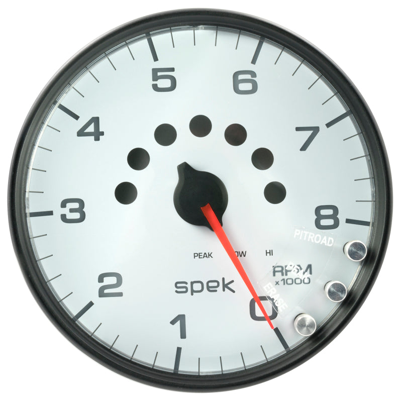Autometer Spek-Pro Gauge Tachometer 5in 8K Rpm W/Shift Light & Peak Mem White/Black Gauges AutoMeter