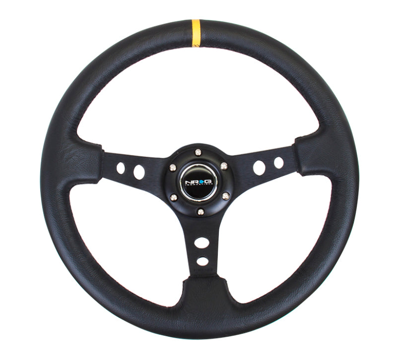 NRG Reinforced Steering Wheel (350mm / 3in. Deep) Blk Leather w/Blk Cutout Spoke/Yellow Center Mark Steering Wheels NRG