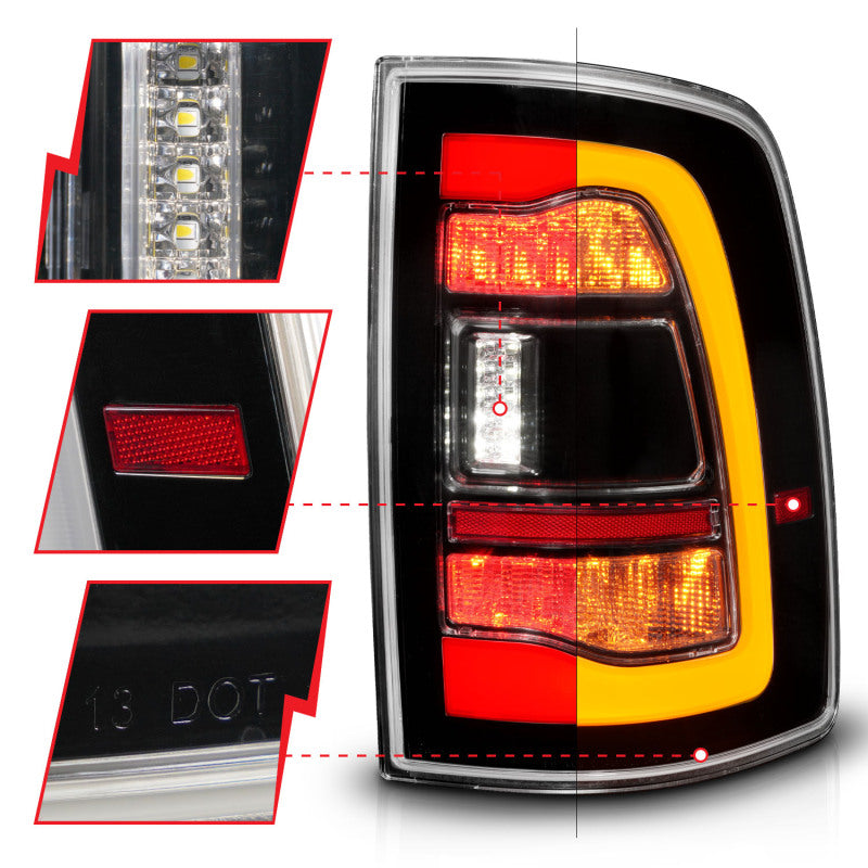 ANZO 09-18 Dodge Ram 1500 Sequential LED Taillights Black w/Switchback Amber Signal Tail Lights ANZO