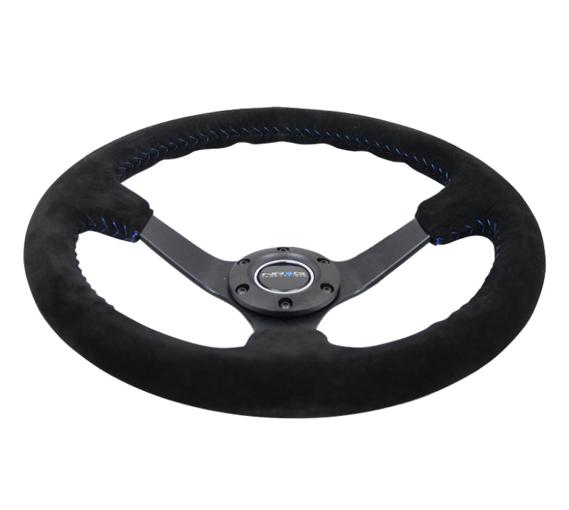 NRG Reinforced Steering Wheel (350mm / 3in. Deep) Blk Suede/Blue BBall Stitch w/5mm Matte Blk Spokes Steering Wheels NRG