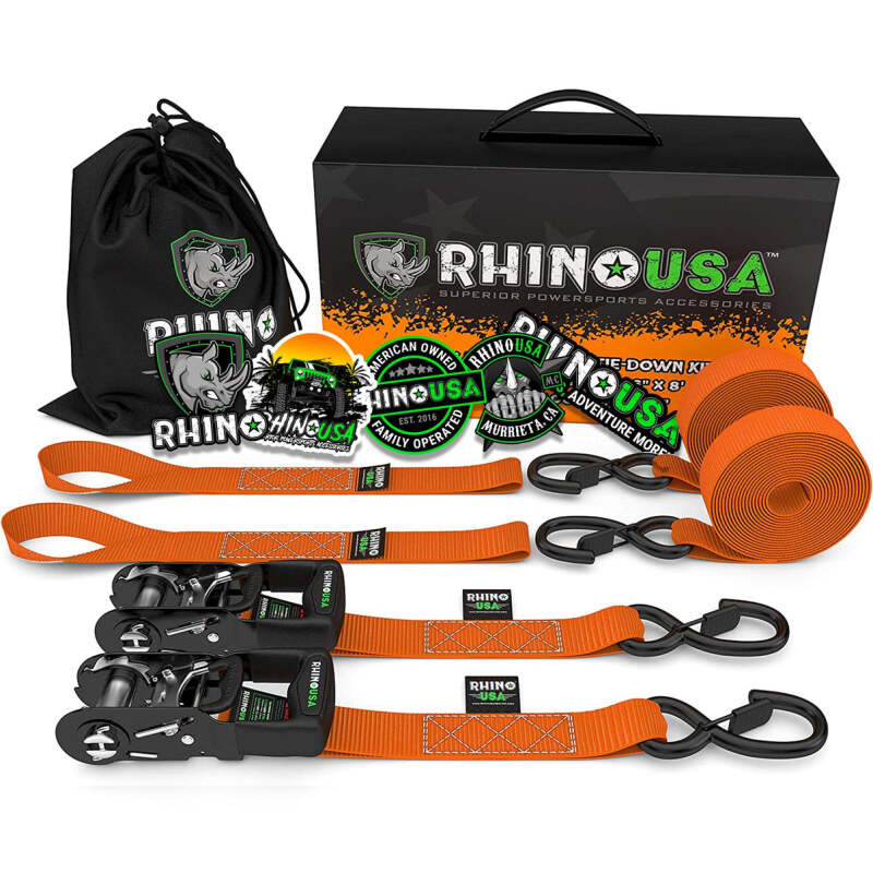 Rhino USA Heavy Duty Ratchet Tie-Downs 2-Pack (Orange) 1.6In X 8Ft Cargo Tie-Downs Rhino USA