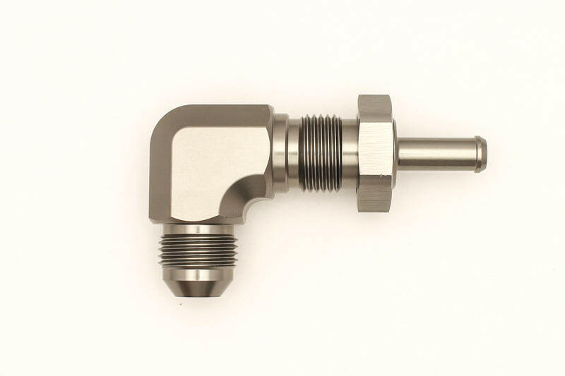 DeatschWerks 8AN Male Flare To 5/16in. Male Barb Bulkhead Adapter 90-Degree (Incl. Nut) Fittings DeatschWerks