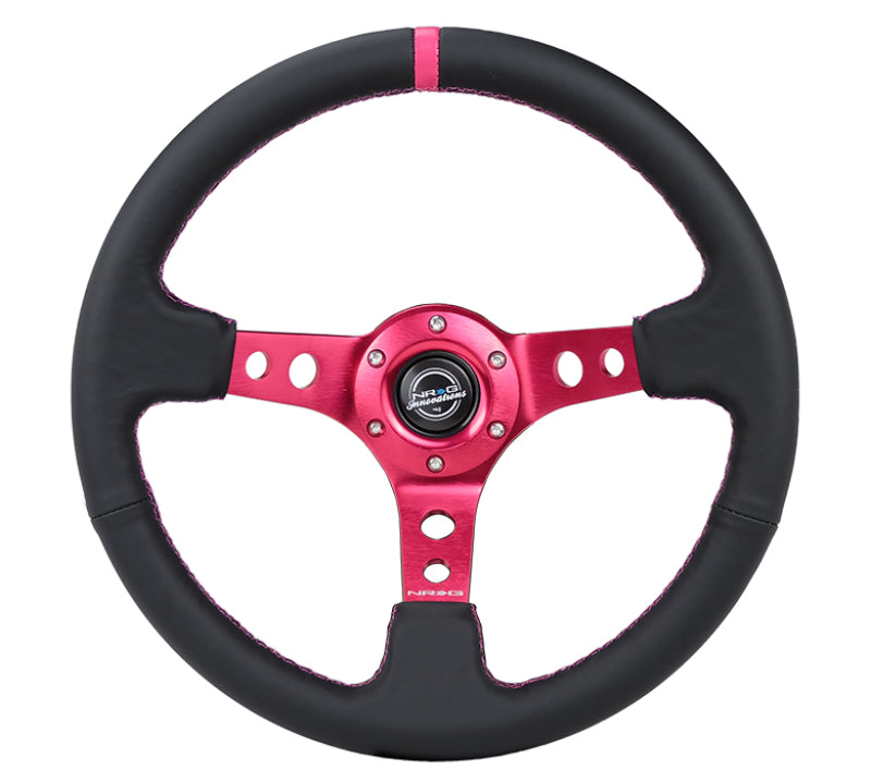 NRG Reinforced Steering Wheel (350mm/3in. Deep) Black Leather/ Fushia Center Mark/ Fushia Stitching Steering Wheels NRG