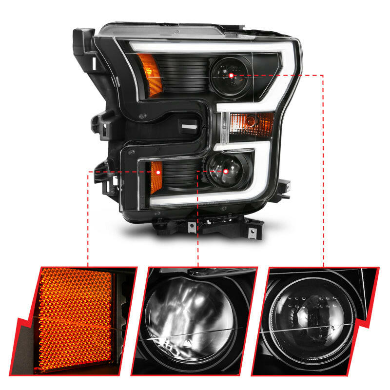 ANZO 2015-2017 Ford F-150 Projector Headlights w/ Plank Style Switchback Black w/ Amber Headlights ANZO