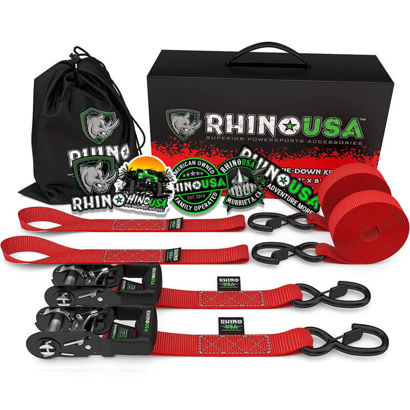 Rhino USA Heavy Duty Ratchet Tie-Downs 2-Pack (Red) 1.6In X 8Ft Cargo Tie-Downs Rhino USA