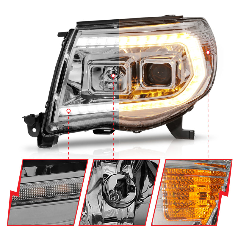 ANZO 05-11 Toyota Tacoma Projector Headlights w/Light Bar Switchback Chrome Housing Headlights ANZO