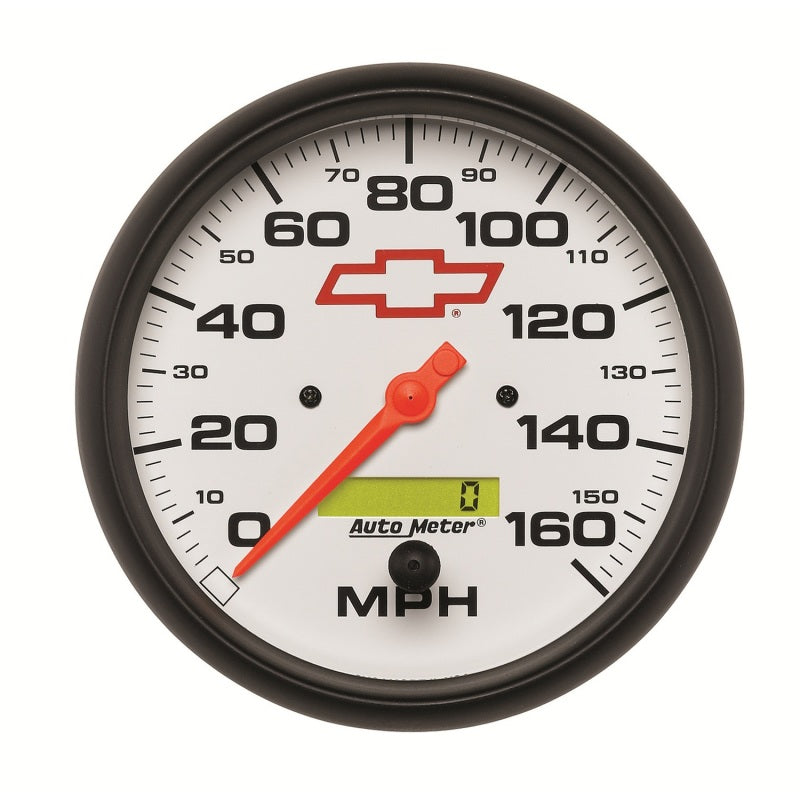 AutoMeter Gauge Speedometer 5in. 160MPH Elec. Programmable Chevy Red Bowtie White Gauges AutoMeter