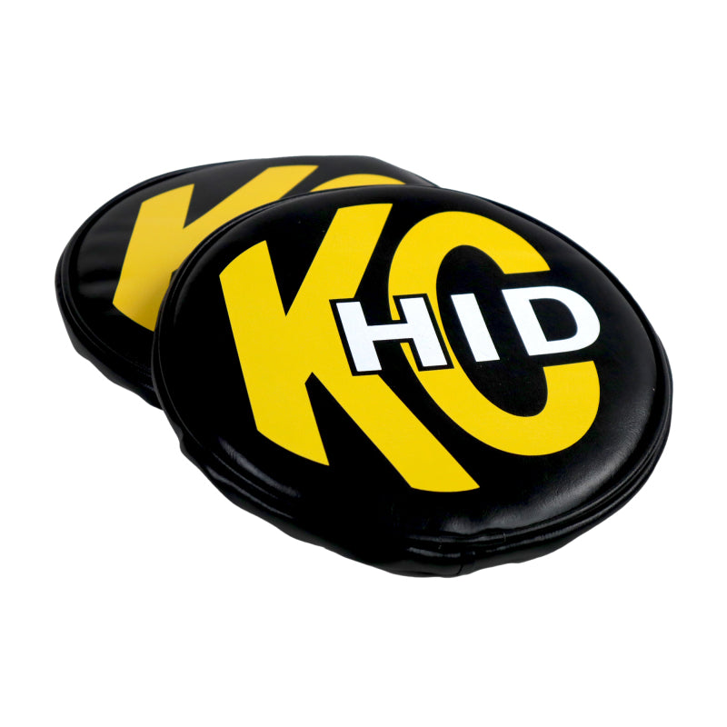 KC HiLiTES 8in. Round Soft Cover HID (Pair) - Black w/Yellow Brushed KC Logo Light Covers and Guards KC HiLiTES